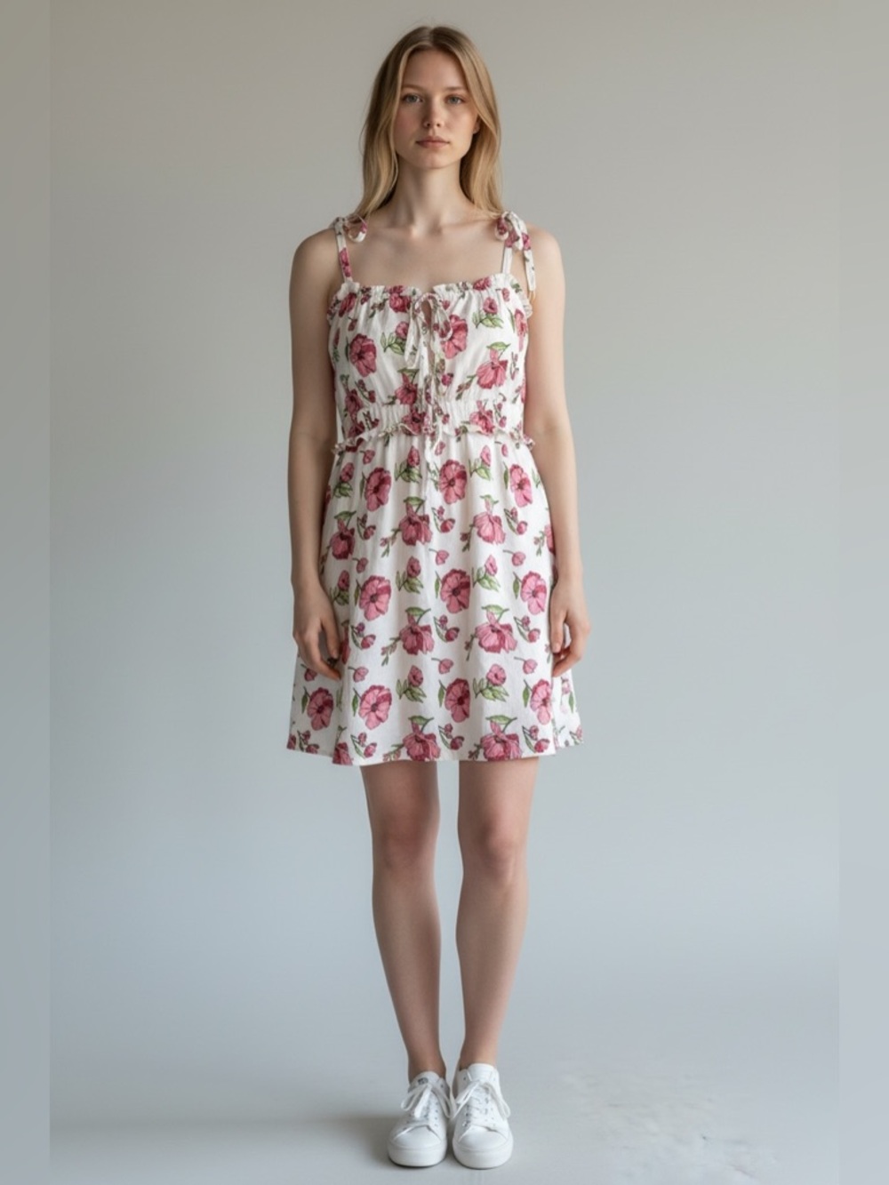 2/$30 Forever 21 Linen Pink and Cream Spaghetti Strap Mini Sundress